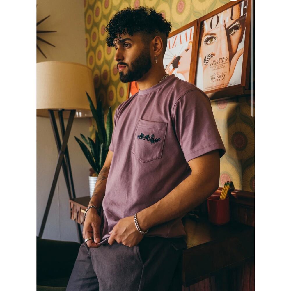 No One Clothiers Respite Tee Purple Japanese Cotton Embroidered Pocket